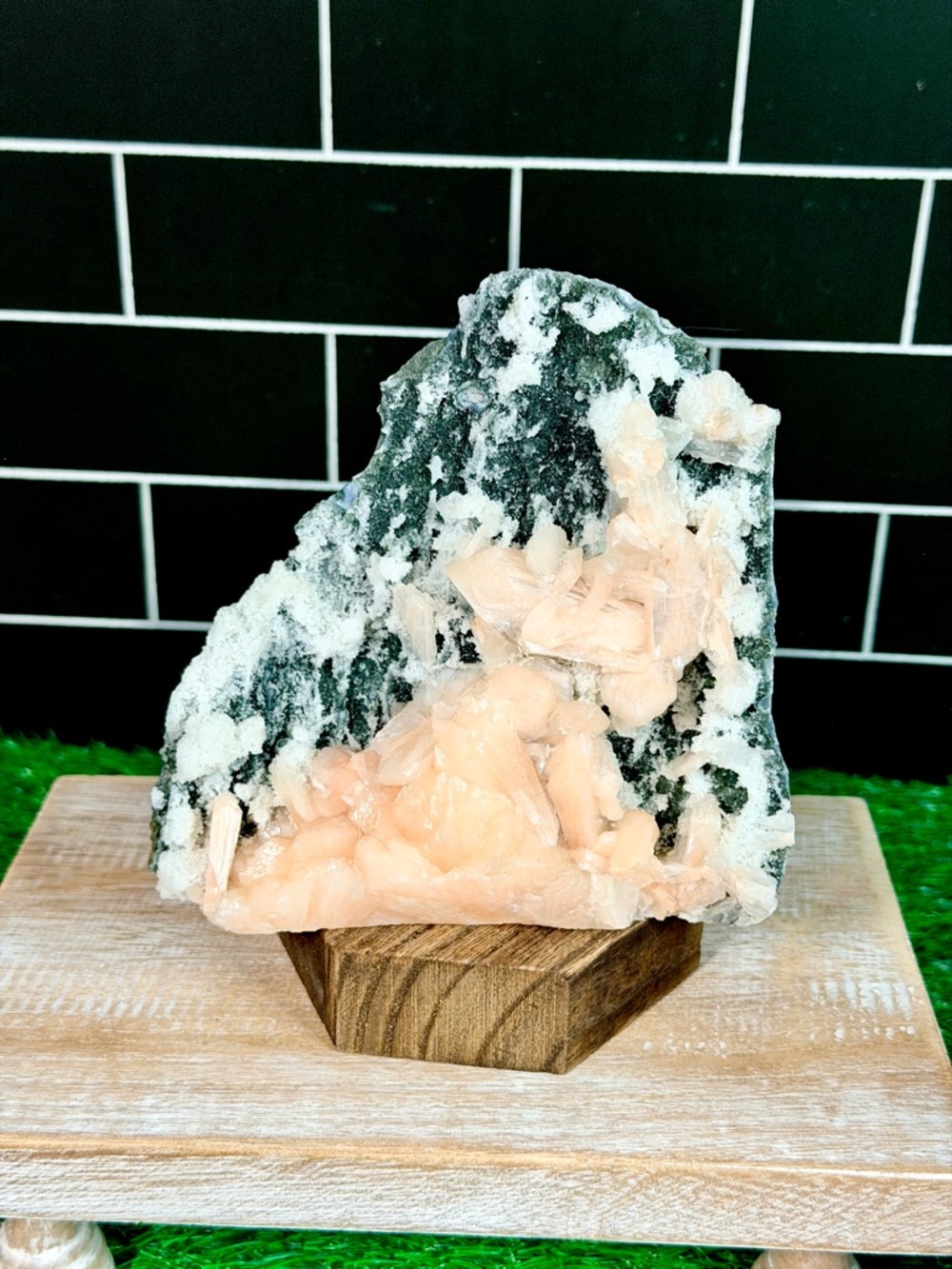 Peach Stilbite, Prehnite on Black Chalcedony